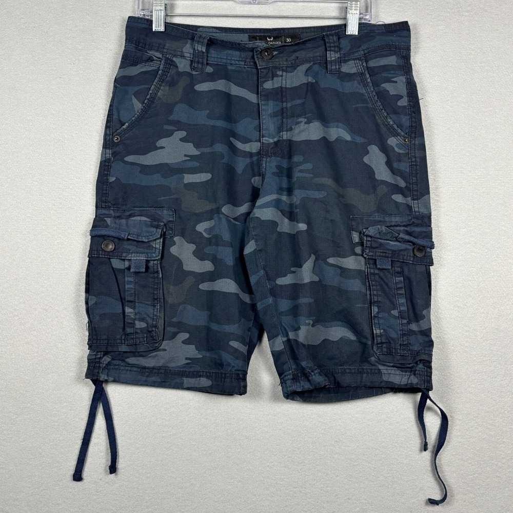 Nick Danger Camo Cargo Shorts Mens 30 (32 Actual) Blue Camouflage Cotton Utility